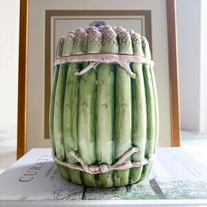 7in Majolica Asparagus Jar w Lid LARGE Green Pink Bow Italy Vintage